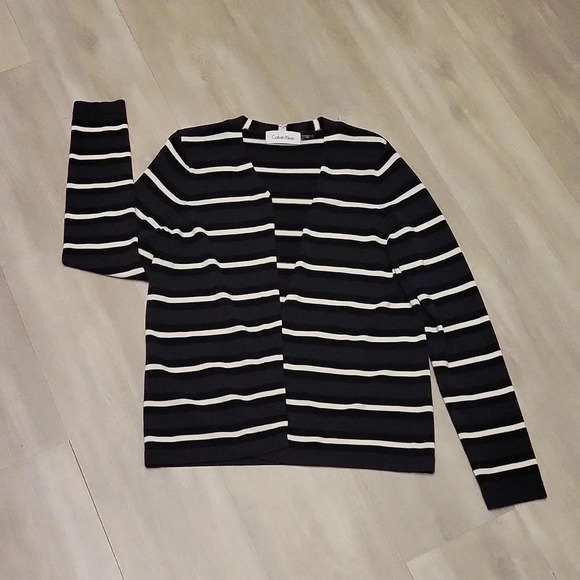 🛍Calvin Klein Black Grey and White Striped Open Front Cardigan Womens‎ Size L - Picture 1 of 5